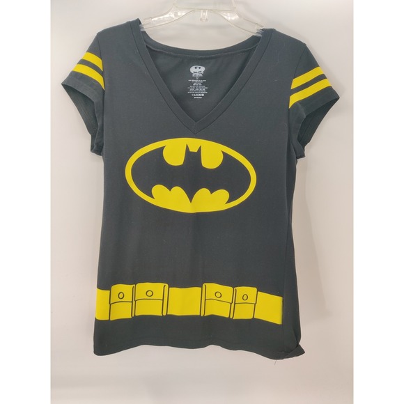 Batman T-Shirt Women's 2XL Black Yellow V-Neck Short Sleeve Superhero Graphic - Picture 1 of 7